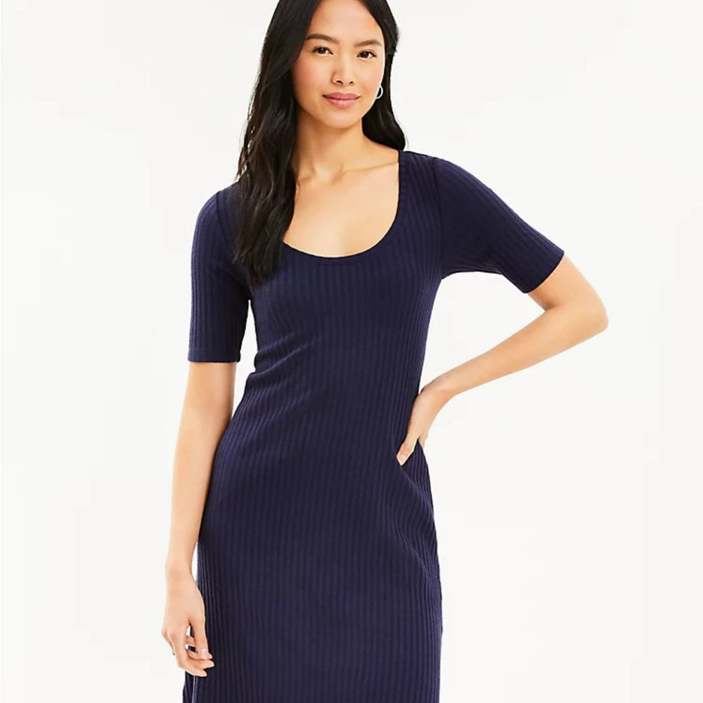 NWT LOFT Ribbed Scoop Neck Shift Dress Small Deep Space Blue